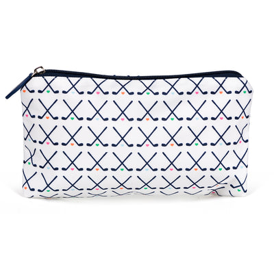 Front view of white small nylon makeup pouch with navy crossed golf club pattern printed on bag