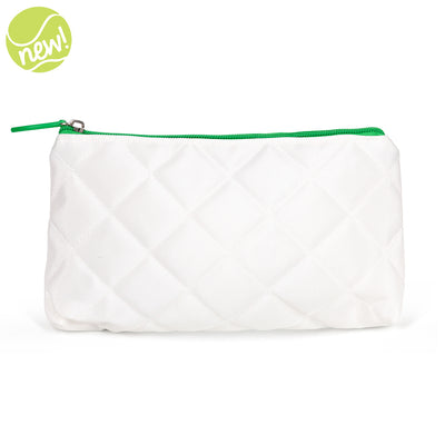 Small quilted white pouch with green zippers and trim.