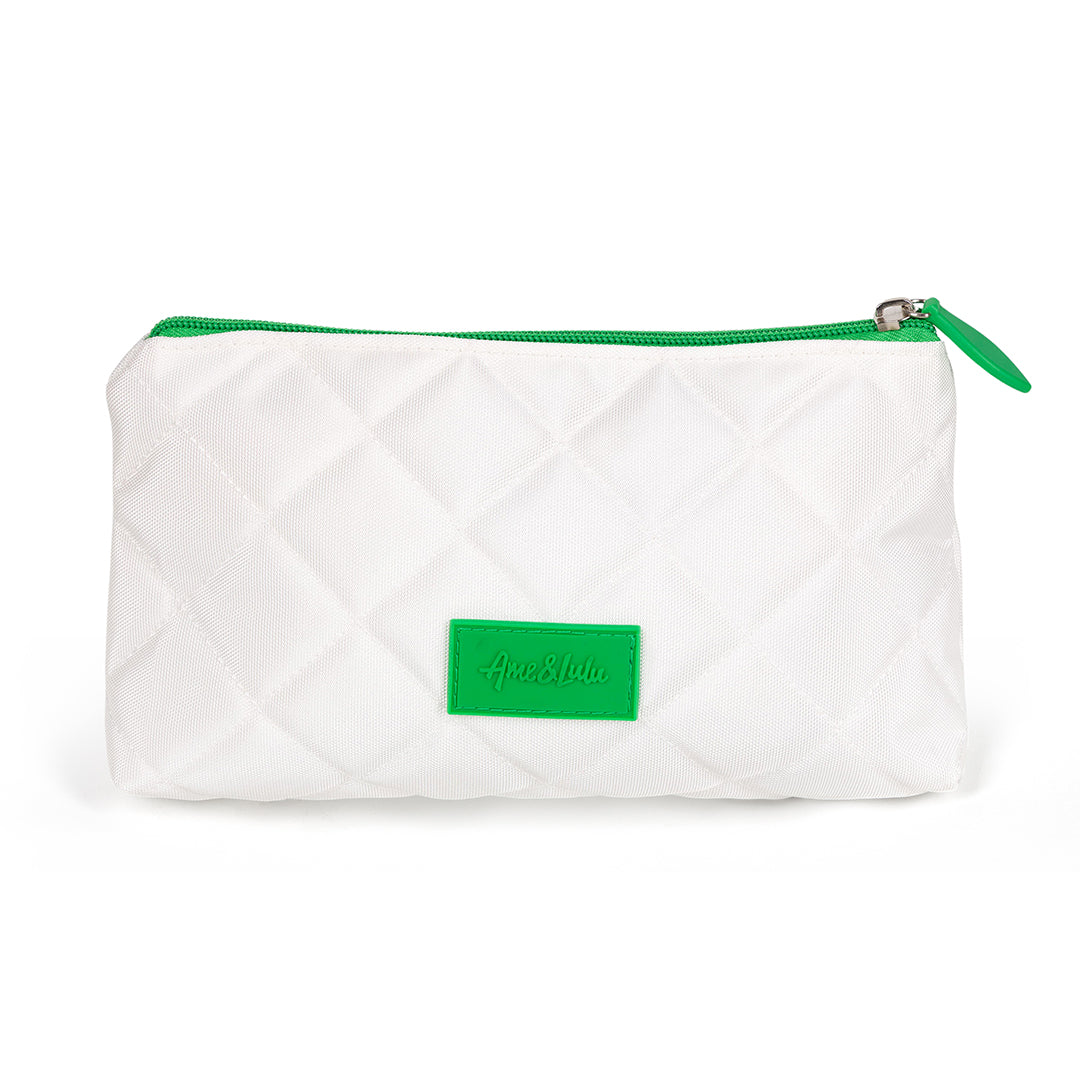 Small quilted white pouch with green zippers and trim.
