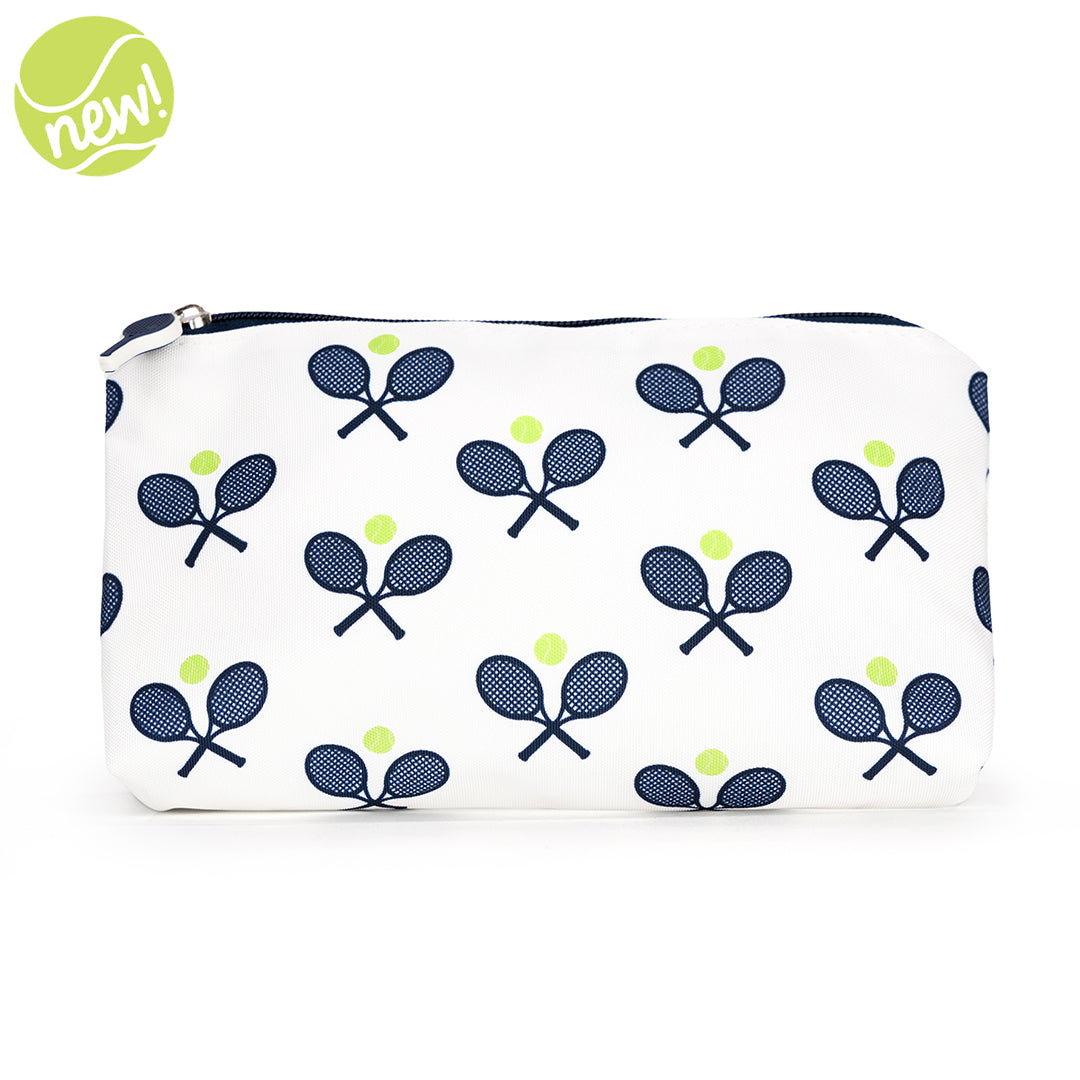Small white nylon pouch with navy crossed racquets printed on bag. Pouch has navy racquet zipper.