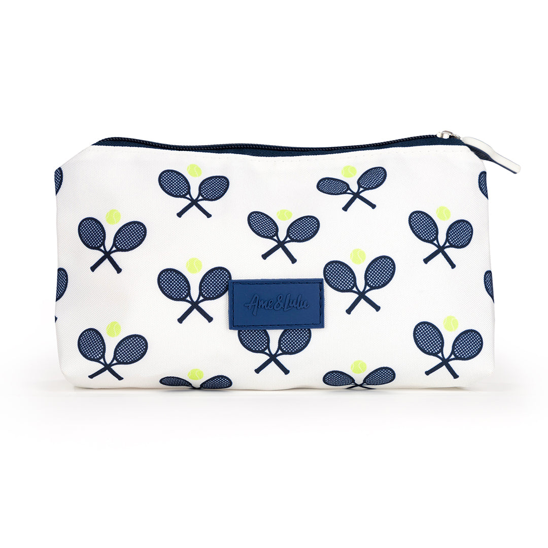 Small white nylon pouch with navy crossed racquets printed on bag. Pouch has navy racquet zipper.