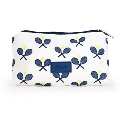 Small white nylon pouch with navy crossed racquets printed on bag. Pouch has navy racquet zipper.