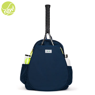 Front view of navy tennis backpack with lime green zippers. Front pockets holds tennis racquets.