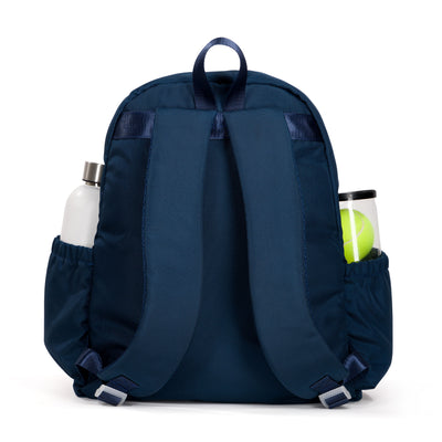 Back view of navy tennis backpack with lime green zippers. Front pockets holds tennis racquets.