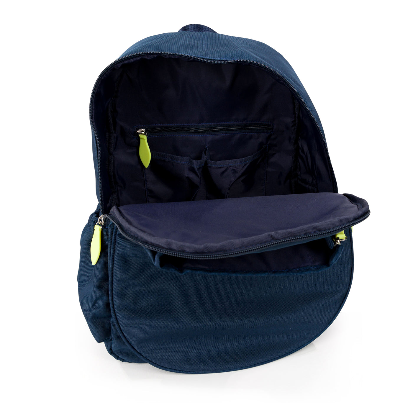 Inside view of navy tennis backpack with lime green zippers. Front pockets holds tennis racquets.