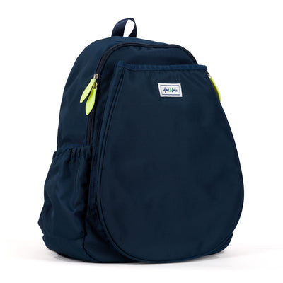 Side view of navy tennis backpack with lime green zippers. Front pockets holds tennis racquets.