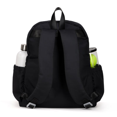 Back view of black game on tennis backpack with coral zippers. Front pocket hold tennis racquets.