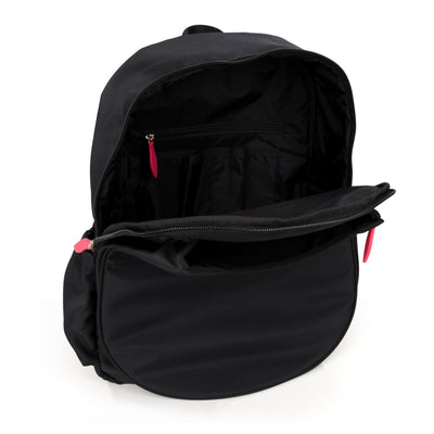 inside view of black game on tennis backpack with coral zippers. Front pocket hold tennis racquets.