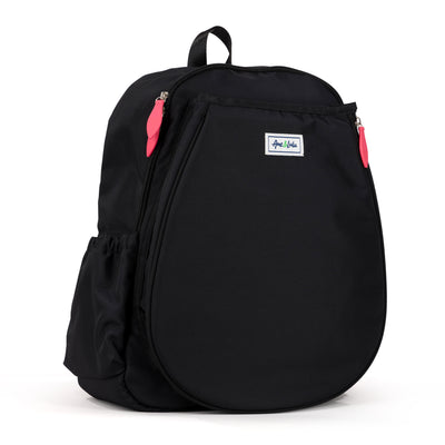 Side view of black game on tennis backpack with coral zippers. Front pocket hold tennis racquets.