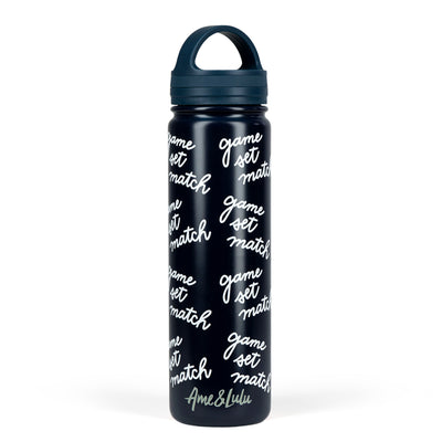 Navy water bottle with game set match text repeating print on bottle.