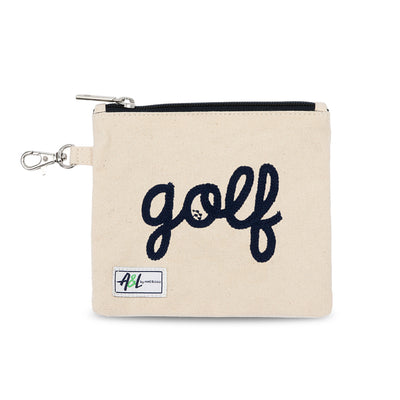 small tan canvas tee pouch with the word golf embroidered in navy cursive font