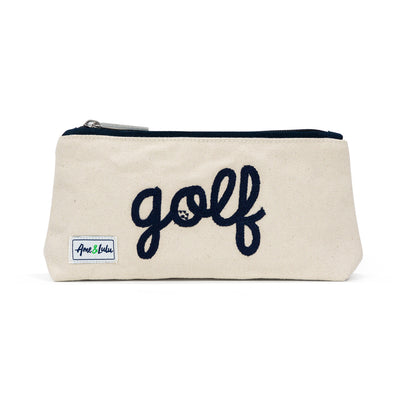 small tan canvas makeup pouch with the word golf embroidered on front in navy cursive font