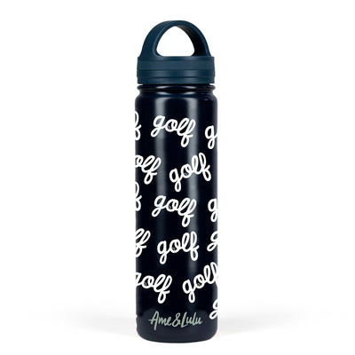 navy water bottle with the word golf in cursive repeating pattern on bottle.