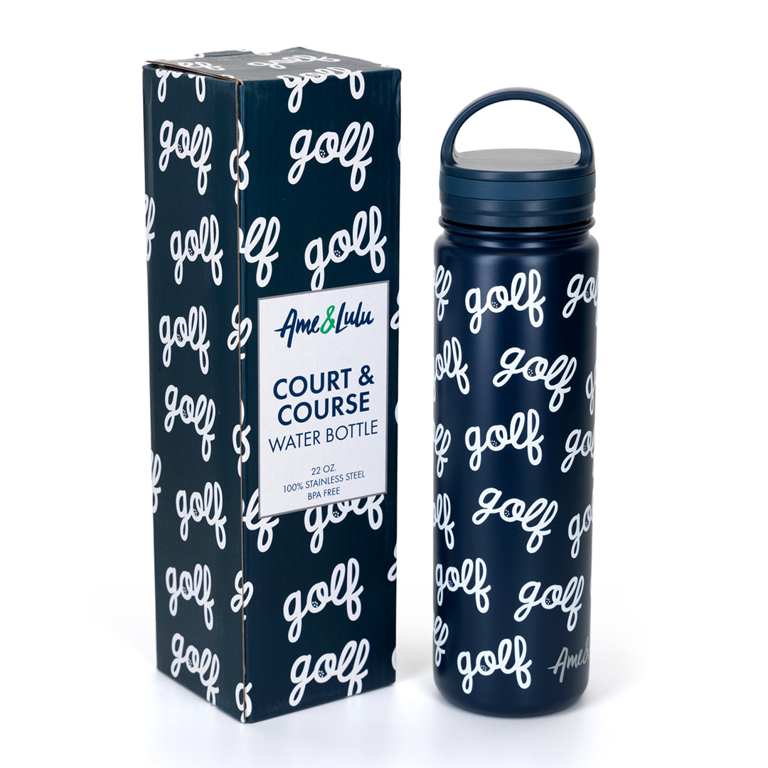 navy water bottle with the word golf in cursive repeating pattern on bottle with matching box next to it