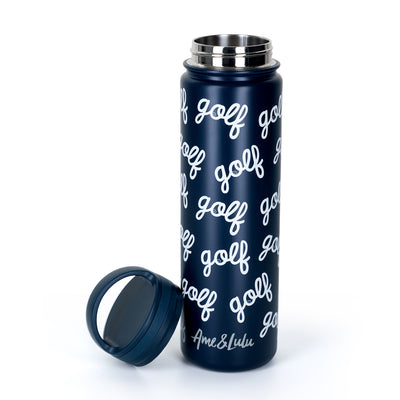 navy water bottle with the word golf in cursive repeating pattern on bottle.