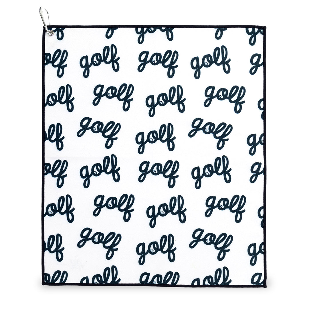 small white towel with word golf with cursive pattern