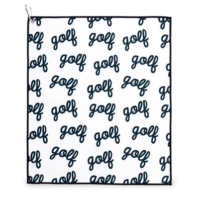 small white towel with word golf with cursive pattern