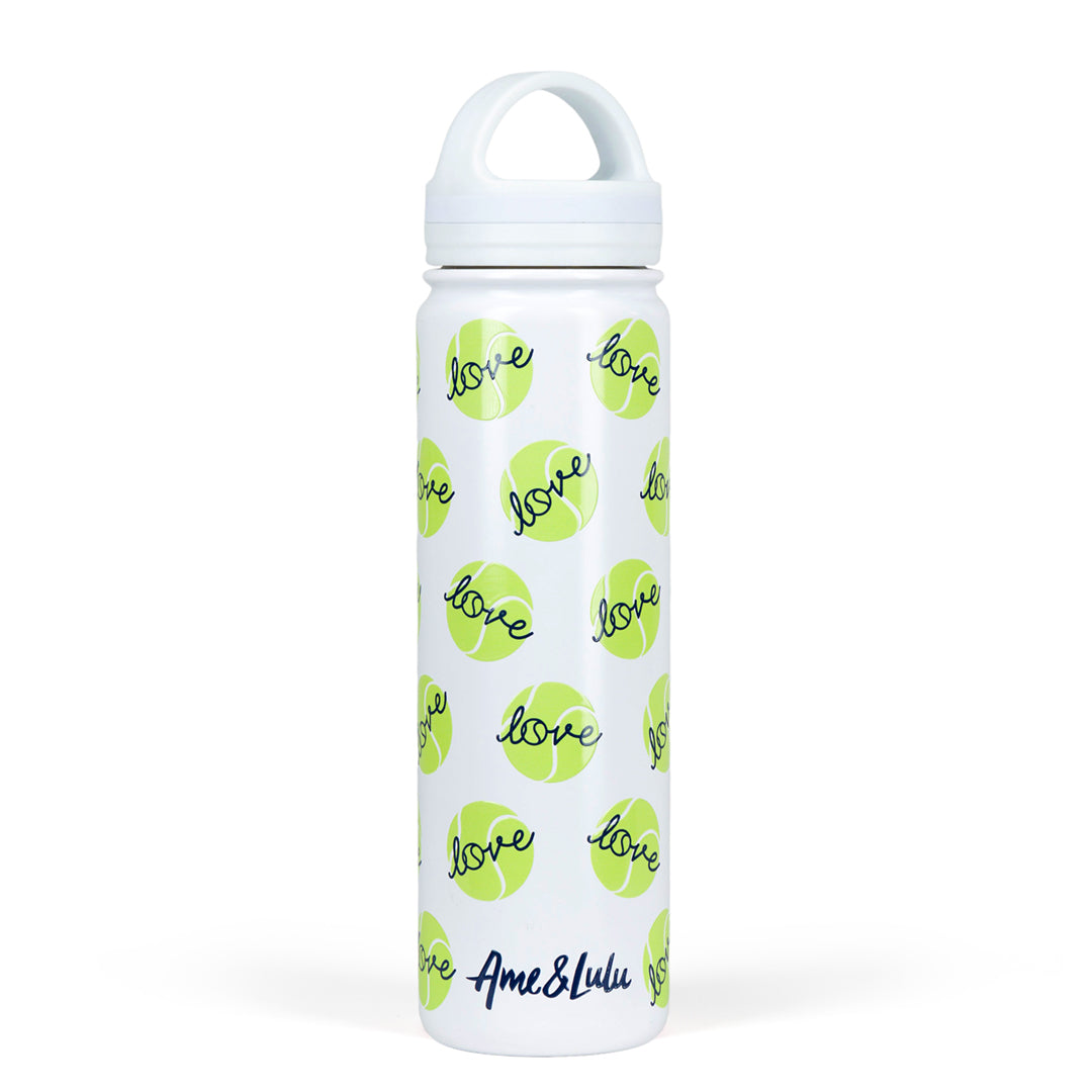 White water bottle with repeating green tennis balls and navy love text pattern on the bottle.