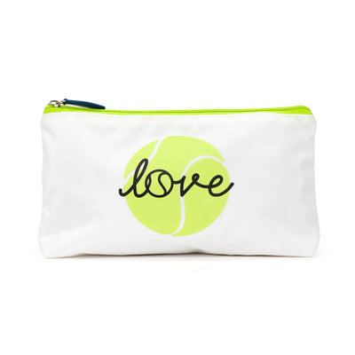 Front view of white everyday pouch with lime green zipper. Pouch has lime tennis ball with the word love in cursive printed on the front.