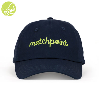 Navy womens baseball hat with lime embroidery on the front that reads "matchpoint"