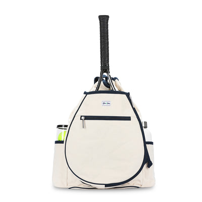 Front view of canvas tennis backpack with navy trim