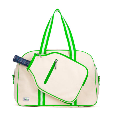 natural colored canvas pickleball bag with green cotton webbing straps