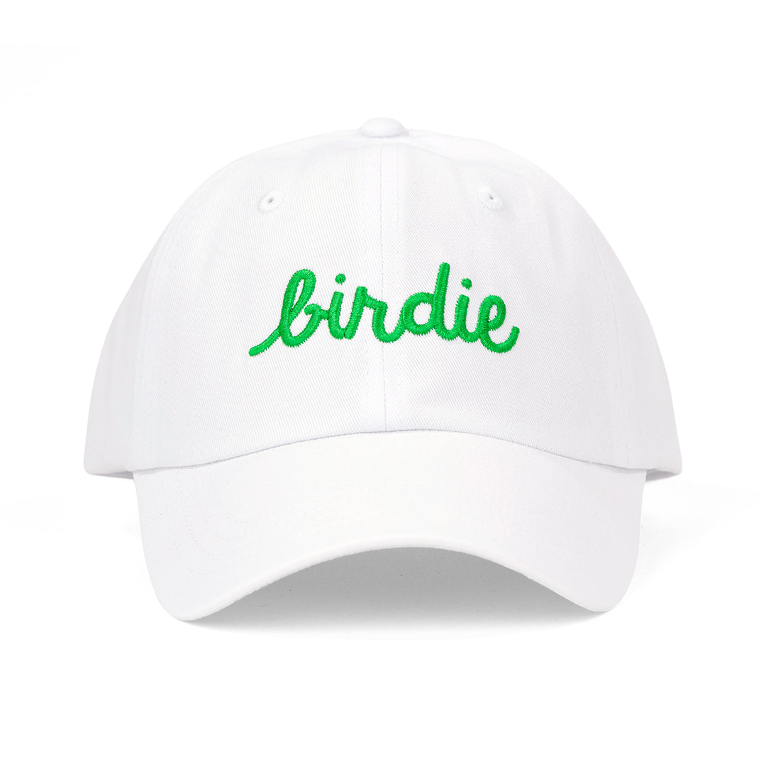 White baseball hat with the word birdie embroidered on the front in a green cursive font