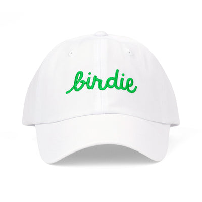 White baseball hat with the word birdie embroidered on the front in a green cursive font