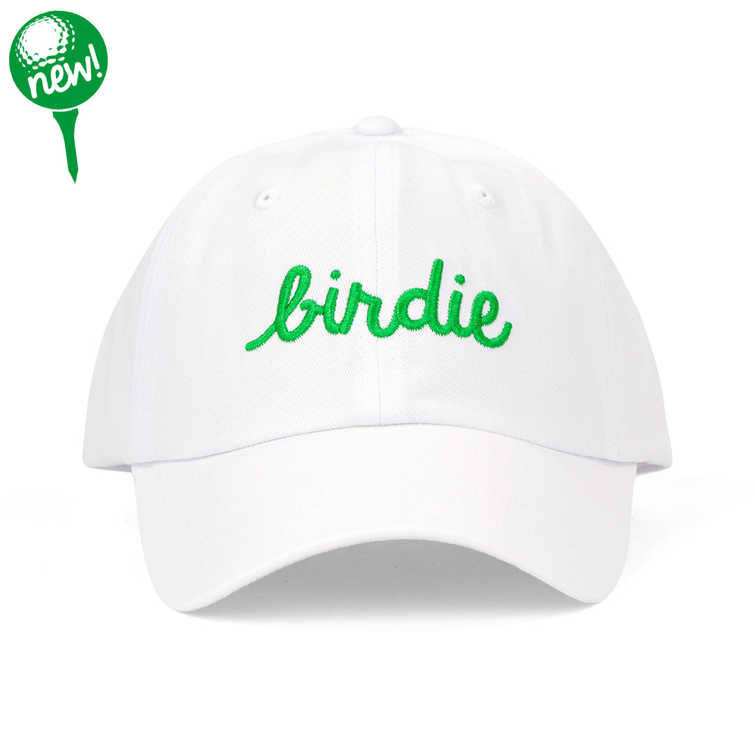White baseball hat with the word birdie embroidered on the front in a green cursive font