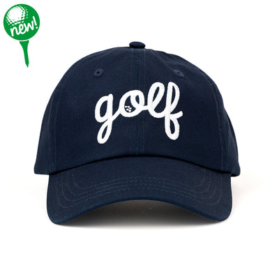 Navy baseball hat with the word golf embroidered on the front in white cursive font