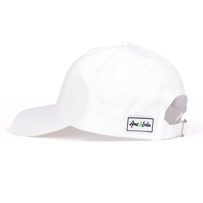 side view of white baseball hat