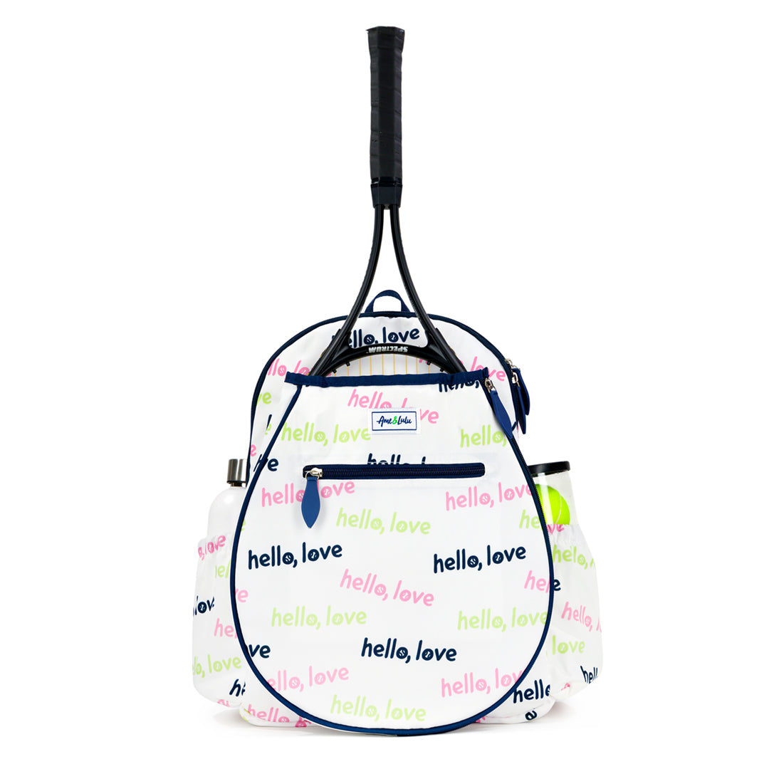 Front view of white kids tennis backpack with repeating patterns of the words hello love in pink green and navy.
