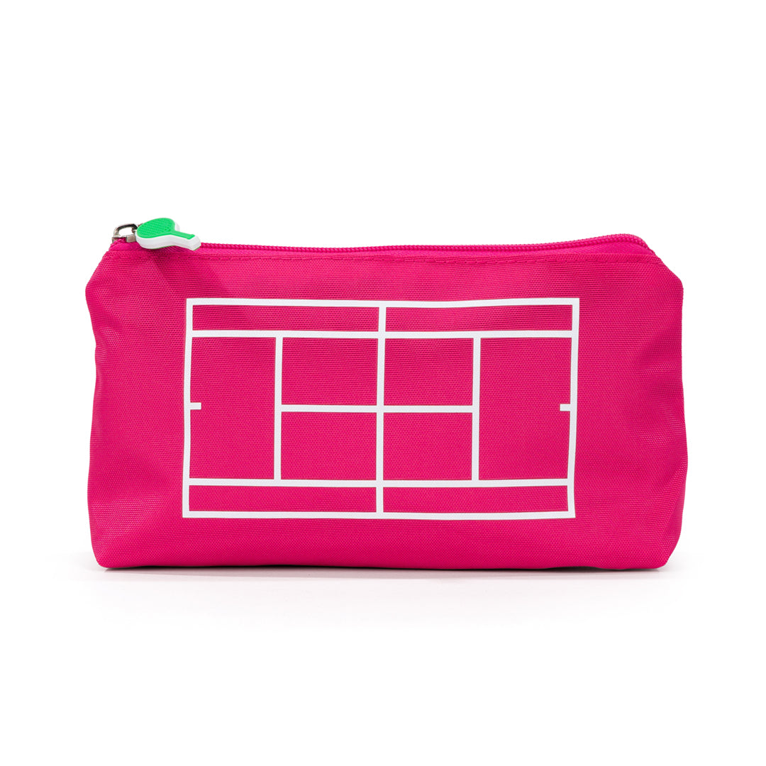Front view of hot pink everyday pouch. Pouch has white tennis court printed on front and lime green tennis racquet zipper pull.