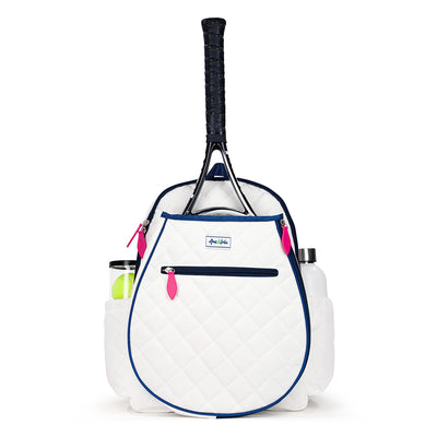 Front view of quilted white kids tennis backpack with navy trim and hot pink zippers.