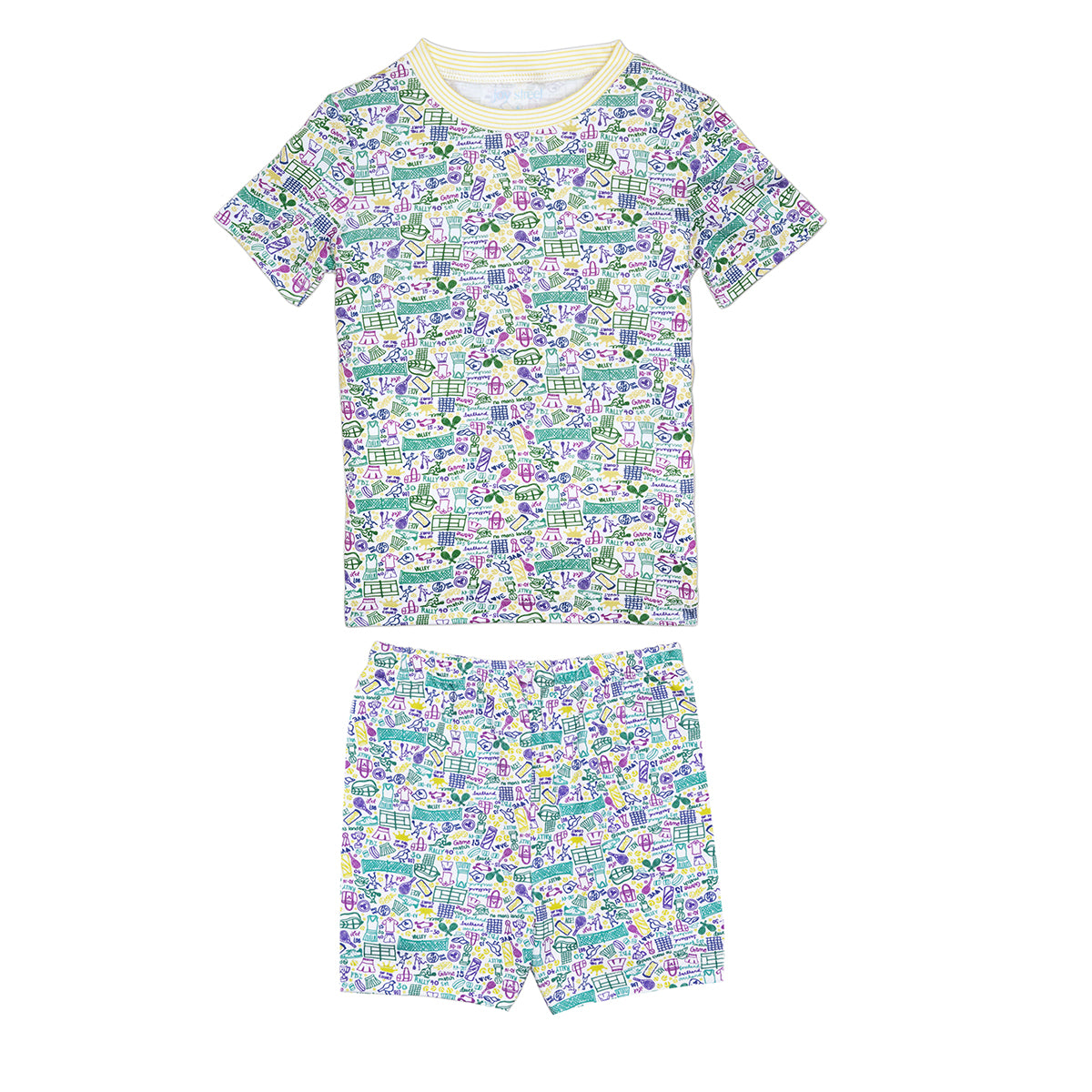 flat laying shirt and pants pajama set. Pajamas have hand drawn tennis pattern with tennis balls, net and racquet in green yellow and purple.