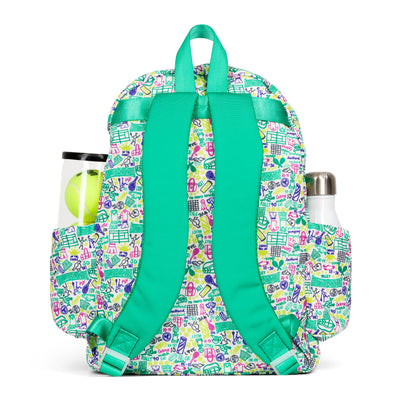 back view of joy street collab kids tennis backpack. Bag has drawings of tennis balls racquets and nets in green yellow and purple on the bag