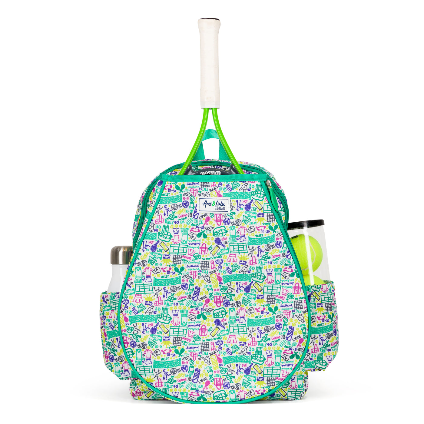 Front view of joy street collab kids tennis backpack. Bag has drawings of tennis balls racquets and nets in green yellow and purple on the bag