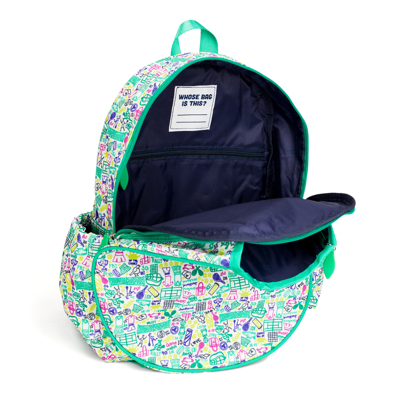 inside view of joy street collab kids tennis backpack. Bag has drawings of tennis balls racquets and nets in green yellow and purple on the bag