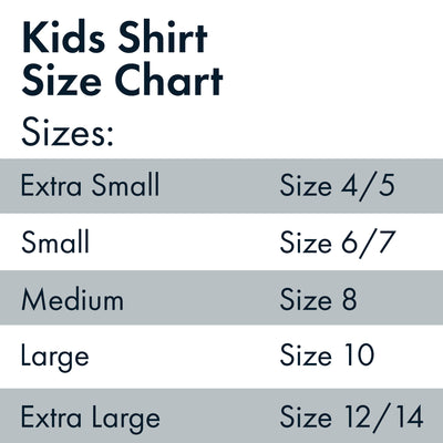 Kids size chart. extra small is sizes 4 to 5. small is sizes 6 to 7. medium is size 8. large is size 10. extra large is sizes 12 to 14.