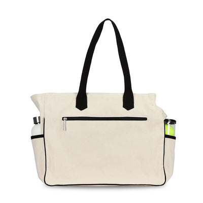Natural canvas tote with navy straps and front panel embroidered with navy crossed racquets and lime tennis ball.