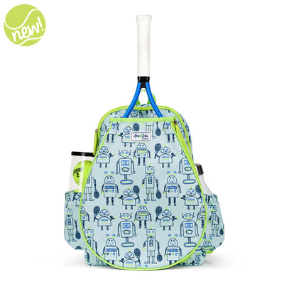 Front view of light blue kids tennis backpack with navy robots holding tennis racquets printed on the fabric. Front of backpack has a pocket for holding tennis racquets.