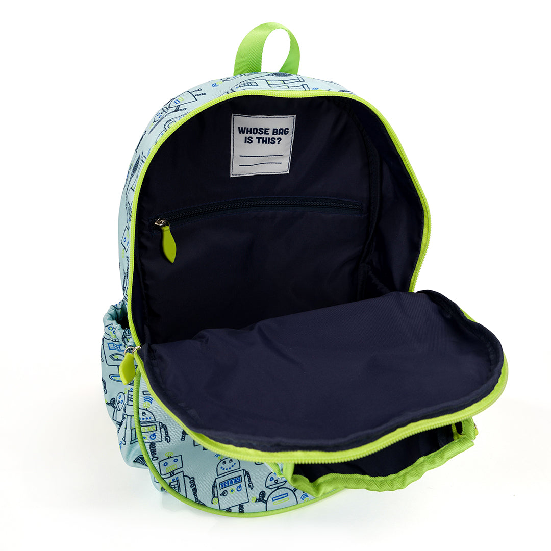 Inside view of light blue kids tennis backpack with navy robots holding tennis racquets printed on the fabric. Front of backpack has a pocket for holding tennis racquets.