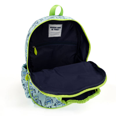Inside view of light blue kids tennis backpack with navy robots holding tennis racquets printed on the fabric. Front of backpack has a pocket for holding tennis racquets.