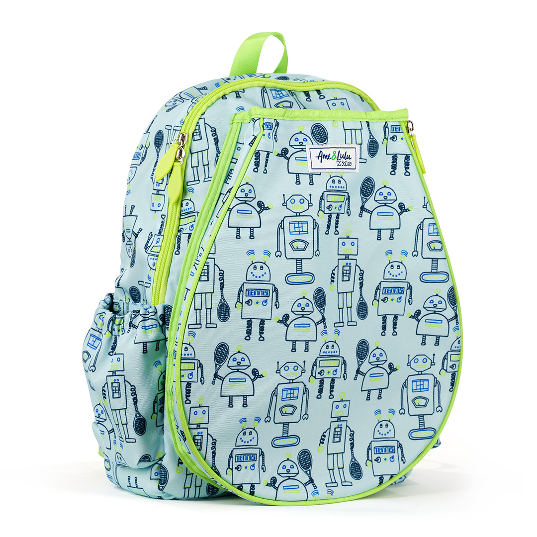 Side view of light blue kids tennis backpack with navy robots holding tennis racquets printed on the fabric. Front of backpack has a pocket for holding tennis racquets.