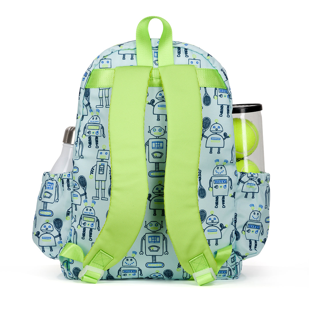 Back view of light blue kids tennis backpack with navy robots holding tennis racquets printed on the fabric. Front of backpack has a pocket for holding tennis racquets.