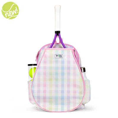 Front view of rainbow gingham patterned kids tennis backpack with pink trim and zippers. Front pocket holds tennis racquets