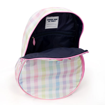 inside view of rainbow gingham patterned kids tennis backpack with pink trim and zippers. Front pocket holds tennis racquets