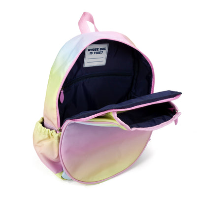 kids tennis backpack with rainbow ombre color. Backpack has water bottle and tennis balls in side pockets.