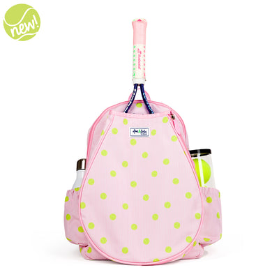 Kids tennis backpack with front pocket to hold tennis racquet. Bag is printed with a pink and white striped pattern and repeating tennis balls on the stripes.