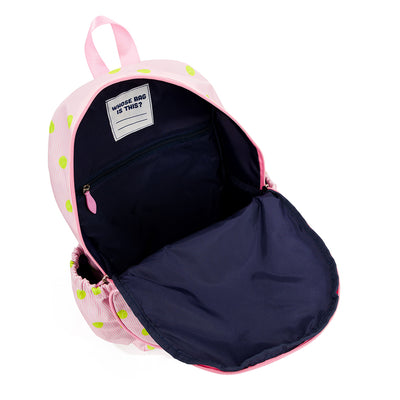 Kids tennis backpack with front pocket to hold tennis racquet. Bag is printed with a pink and white striped pattern and repeating tennis balls on the stripes.